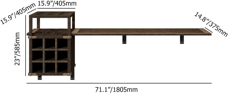 HMR - 71" Wall Mounted Bar Table with Wine Bottle Storage Brown Faux Leather Wood Pub Table
