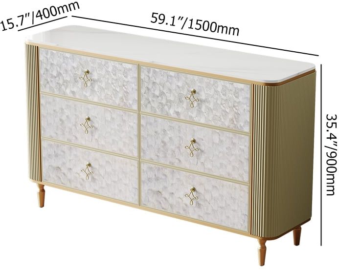 HMR - Art Deco 6 Drawer Dresser Capiz Shell Beige Chest Storag Cabinet with Sintered Stone Top