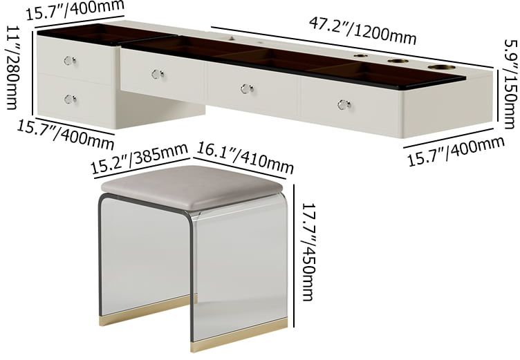 HMR - 47" Leather Floating Tempered Glass Top Makeup Vanity Set with Stool