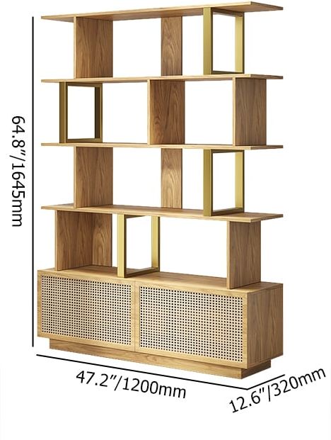 HMR 5-Tier Wood Bookshelf with 2 Doors Modern Bookcase in Gold Finish - Natural