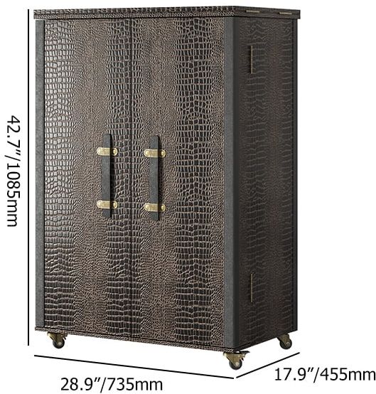 HMR - Industrial Black Leather Fold Out Home Bar Cabinet on Wheels with Storage Bar Table