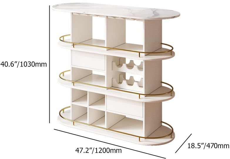 HMR - 47" White Oval Bar Table with Wine Rack Glass Holder Liquor Tier Storage 2-Drawer