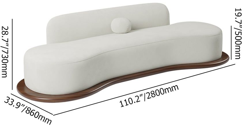HMR - 110" Modern White Velvet 5 Seaters Curved Sofa with Low Back Wooden Base