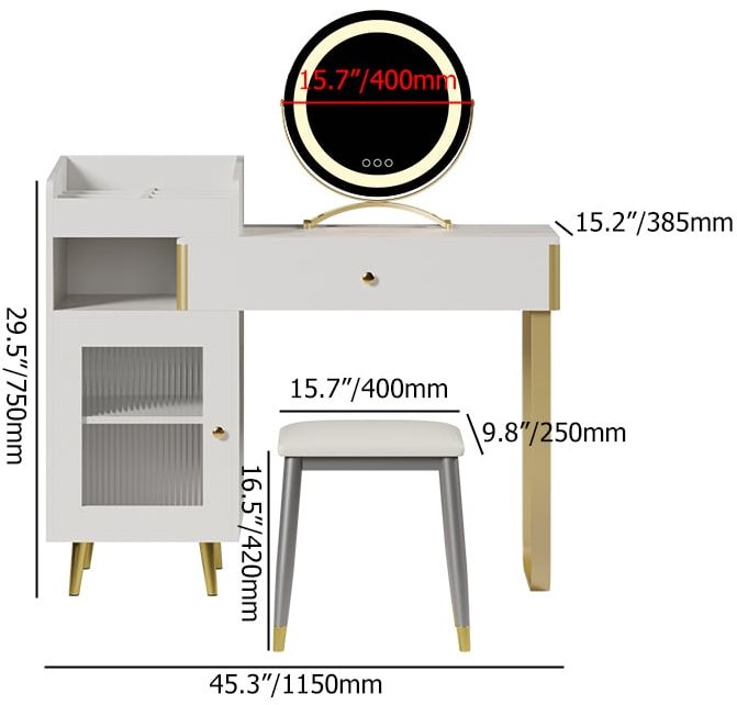 HMR - Modern White Retractable Makeup Vanity Set with Side Cabinet Dressing Table with Light
