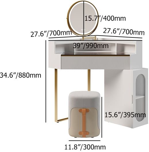 HMR - Modern White Corner Makeup Vanity Set with Acrylic Top & Mirror & Stool & Cabinet
