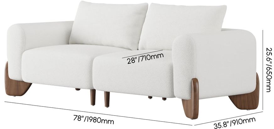 HMR - Curva 78" White Boucle Upholstered Wood Legs 2-Seat Sofa