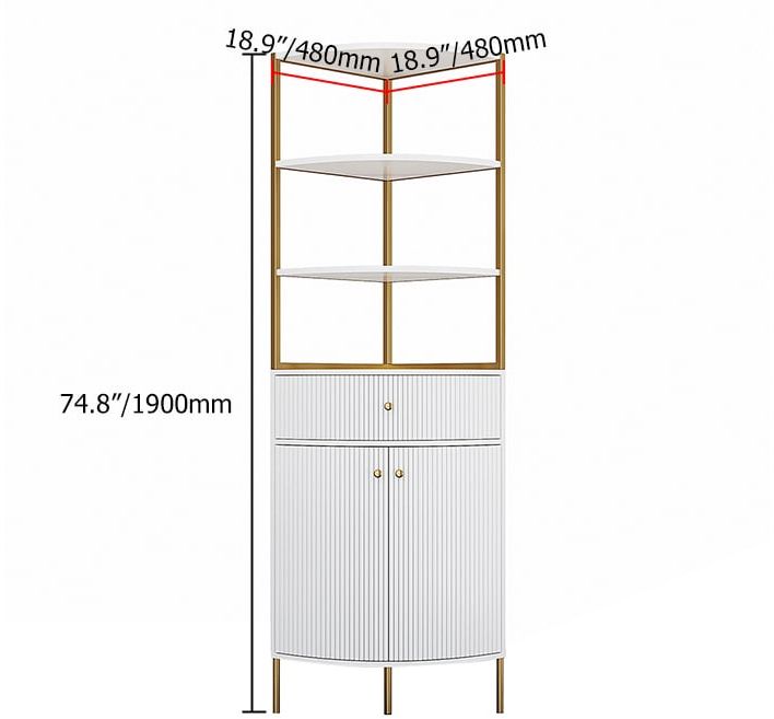 HMR - 74.8" Modern White Etagere Corner Bookshelf 1 Drawer & 2 Doors Wooden Tall Bookcase