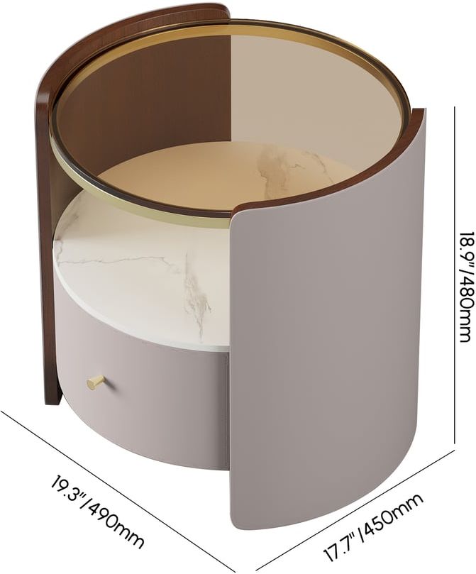 HMR Modern Round Leather Nightstand with Glass Top & Sintered Stone Bedside with Shelf - Gray, Single