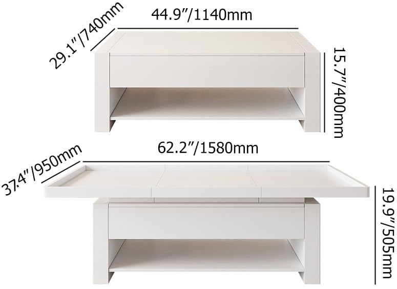 HMR - 62.2" Modern White Extendable Gaming Coffee Table Fluted with Open Storage
