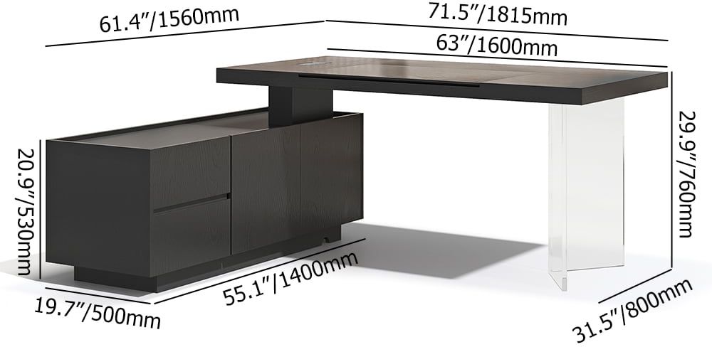 HMR 71.5" Modern L-Shape Standing Executive Desk with Side Cabinet and lifter Desktop - Black, Left Hand