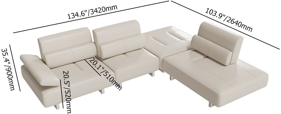 HMR - 134.6" White Leather Lounge Deep Seat Sectional Sofa with Adjustable Armrest & Backrest