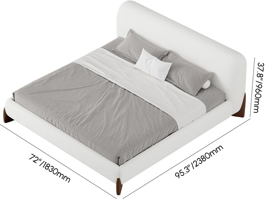 HMR Curva Boucle Queen Upholstered Platform Bed with Walnut Legs - White, 60"Wx 80"L, Walnut