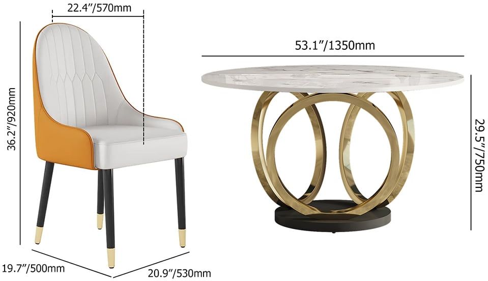 HMR Dining Set 53.1" Modern Style Round Sintered Stone Dining Table with 6 Chairs - White/Orange