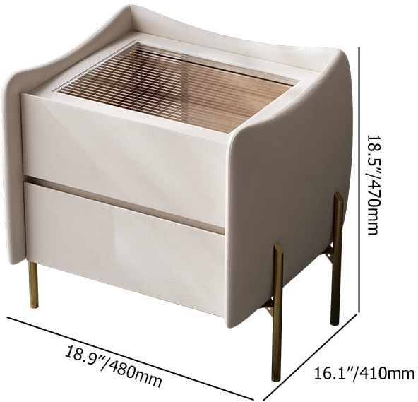 HMR - Modern White 2 Drawer Leather Nightstand Bedside Table with Glass Top