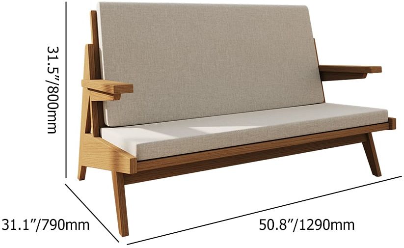 HMR - 51" Rattan 2-Seater Sofa Japandi Ash Wood Loveseat with White Cushion in Walnut
