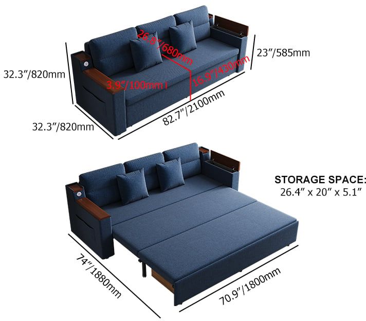 HMR 83" King 3-Seater Sleeper Sofa with Trundle & USB Port - Blue, Linen