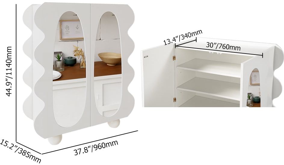HMR - 37.8" Modern White 15-Pairs Shoe Storage Wave Design Mirror Shoe Cabinet Ample Storage