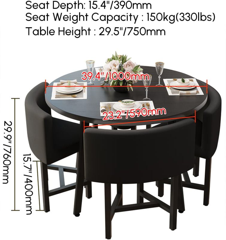 HMR Dining Set 39.4" Modern Round Wood Dining Table with 4 Chairs - Black