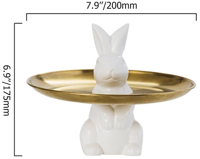 HMR - White & Gold Ceramic Rabbit Decorative Storage Tray Holder Desk Animal Statue Ornament