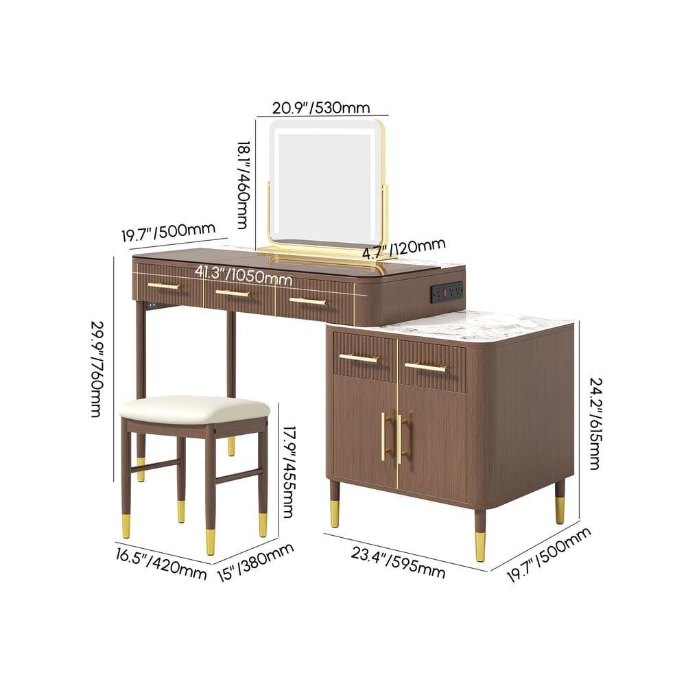 HMR Glass Sintered Stone Top Makeup Vanity Set with Mirror - Walnut