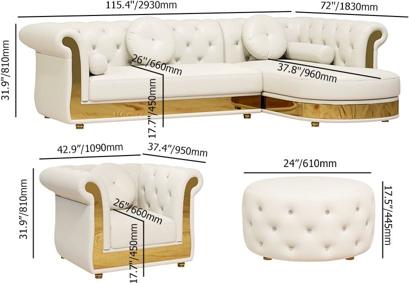 HMR - Dodiy Modern L-Shaped White Tufted Corner Sectional Sofa 6-Seater with Ottoman & Pillows