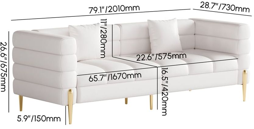 HMR Aurora 79" Fluted Sofa with Gold Legs & Pillows - White, Leather