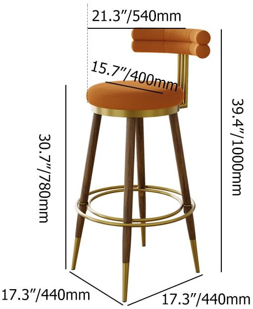 HMR - Set of 2 Mid-Century Modern Bar Stools with Velvet Upholstery Orange