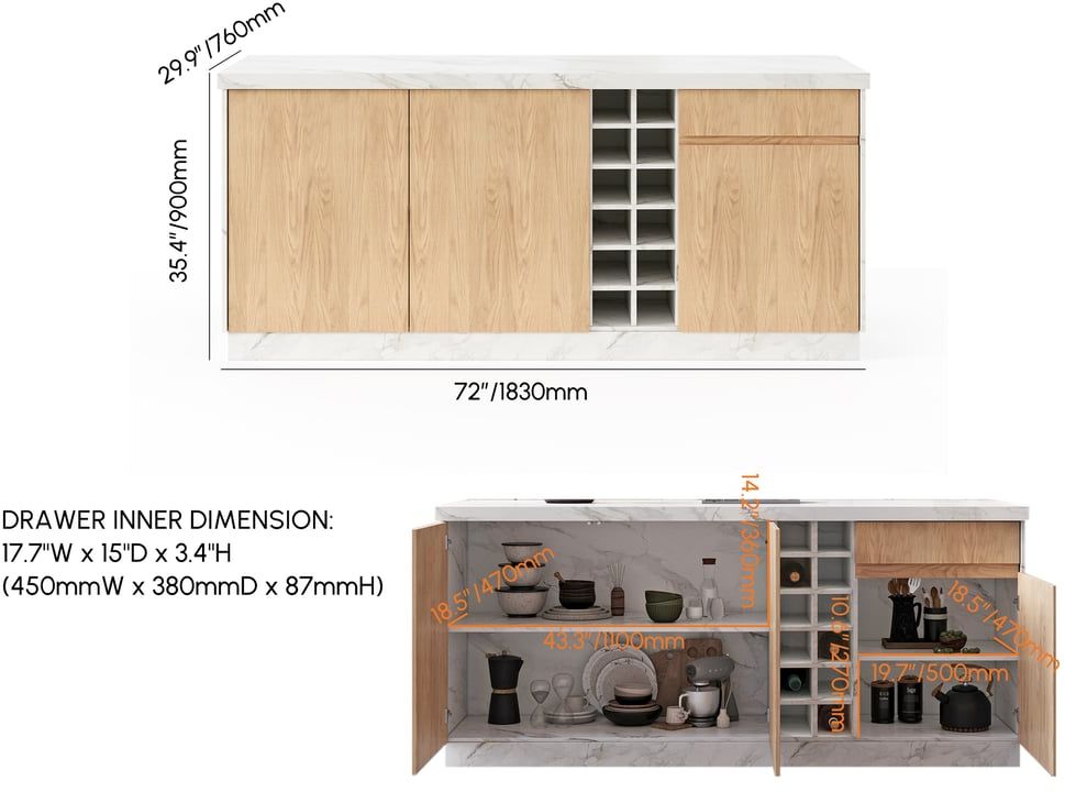 HMR 72'' Japandi Style Wood Kitchen Island with Multi-Storage and LED Light - White