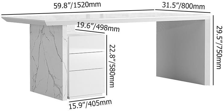 HMR Modern Home Office Desk with Movable File Cabinet - White, 59.8"