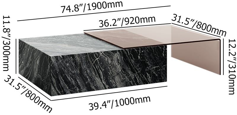 HMR - 2 Piece Modern Large Square Coffee Table in Black & Tea with Marble Veneer & Acrylic