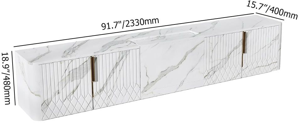 HMR - 91.7" Wood Low TV Stand for Projector Marble Grain Media Console with 4 Doors Modern