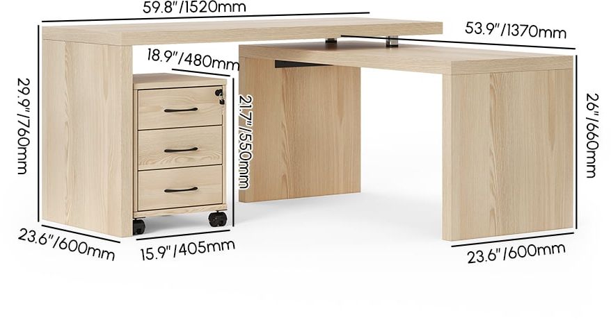 HMR 59.8" Modern Rotatable L-Shaped Executive Desk with Movable File Cabinet - Distressed White