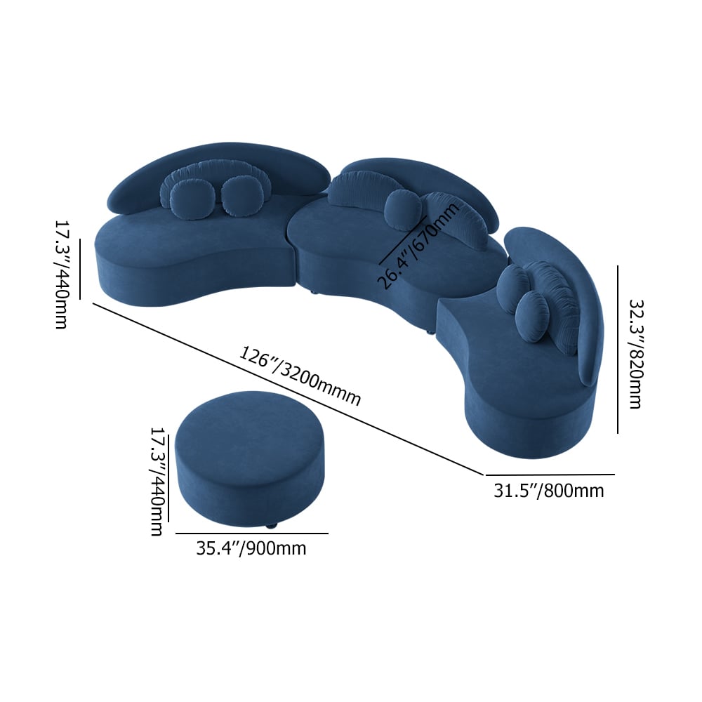 HMR Curved Sectional Sofa with Ottoman & Pillows - Blue, Velvet, 145.7"L x 31.5"W x 30.7"H