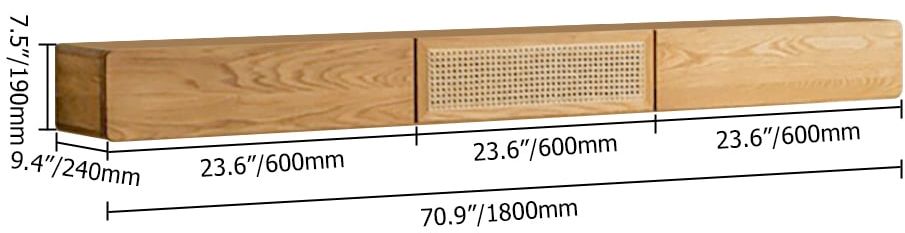 HMR - 70" Walnut Ash Wood Floating Rattan TV Stand Wall Mount Cane Flip Storage Living Room