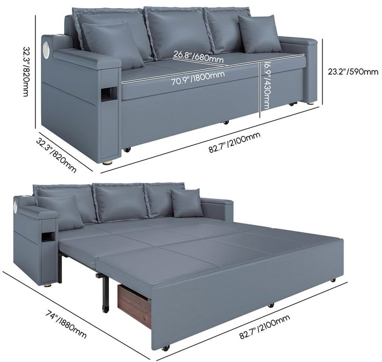HMR 83" King 3-Seater Leather Sleeper Sofa with Speaker & USB Ports - Deep Gray