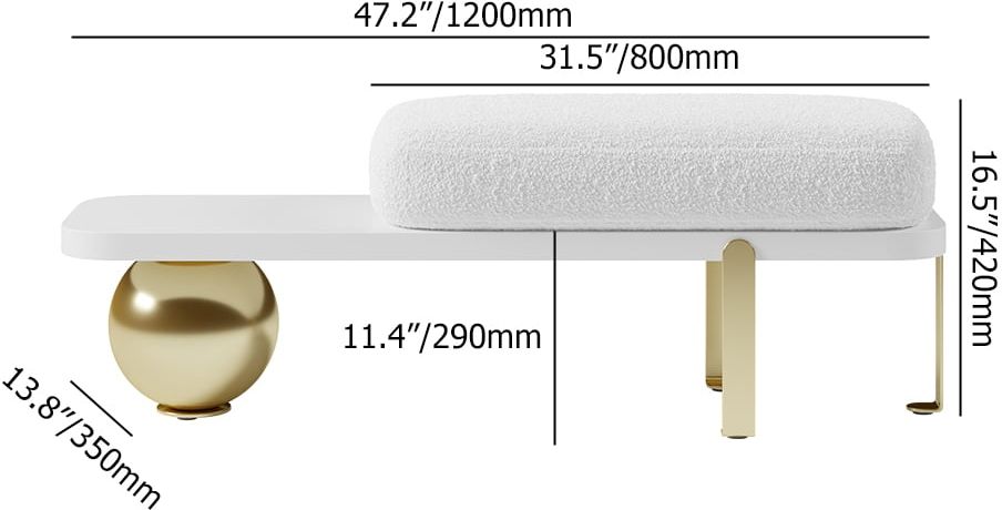 HMR Wooden Entryway Bench Fleece Upholstered with Abstract Metal Legs - White/Gold