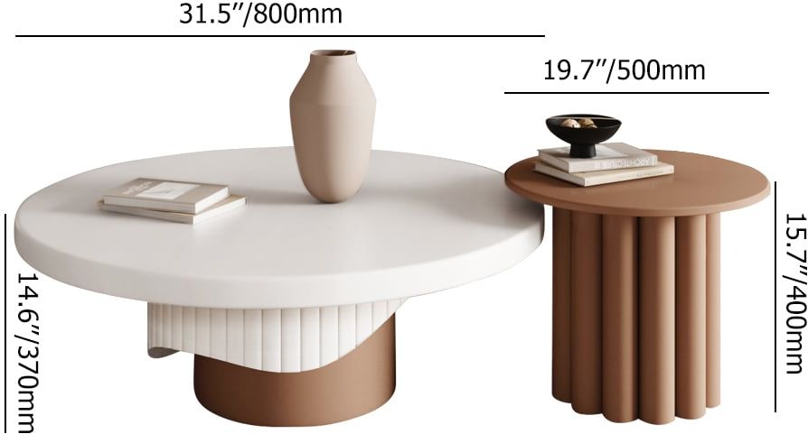 HMR - Yarnic 2-Piece Round Wood Coffee Table Set with Fluted Base in White & Walnut
