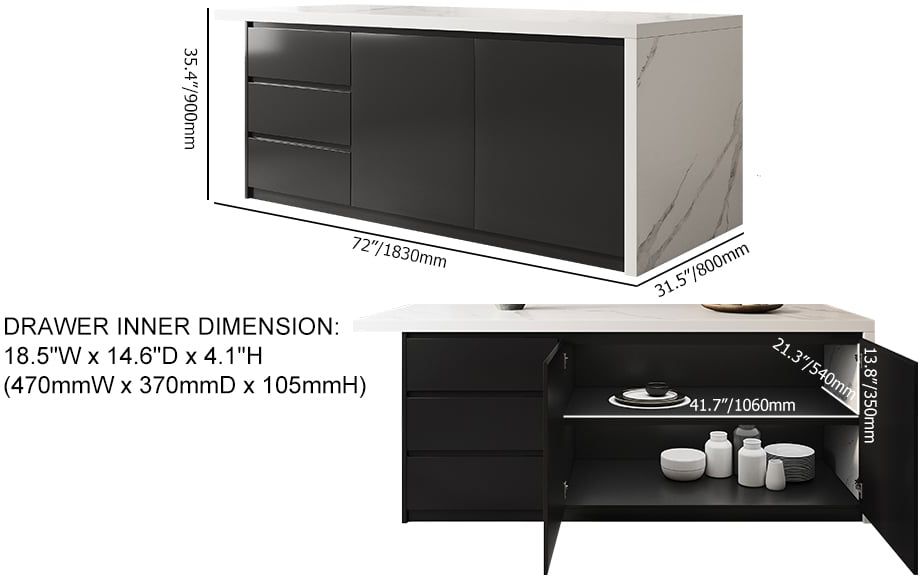 HMR Kitchen Island with Storage - White & Black, 72“/1830mm, Engineered Wood