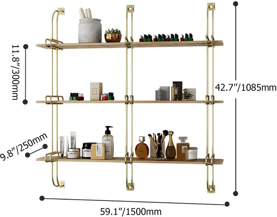 HMR Luxury 3-Tier 59" Floating Shelves Wall Shelf - Natural/Gold, MDF
