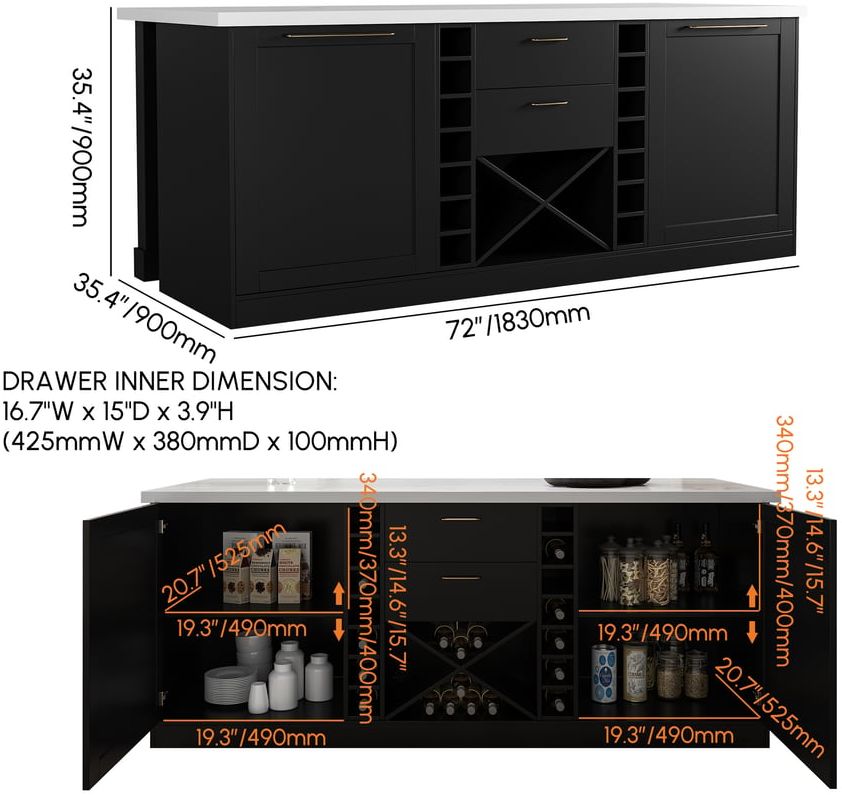 HMR 72'' Modern Kitchen lsland with Wine Storage - Black, Sintered Stone