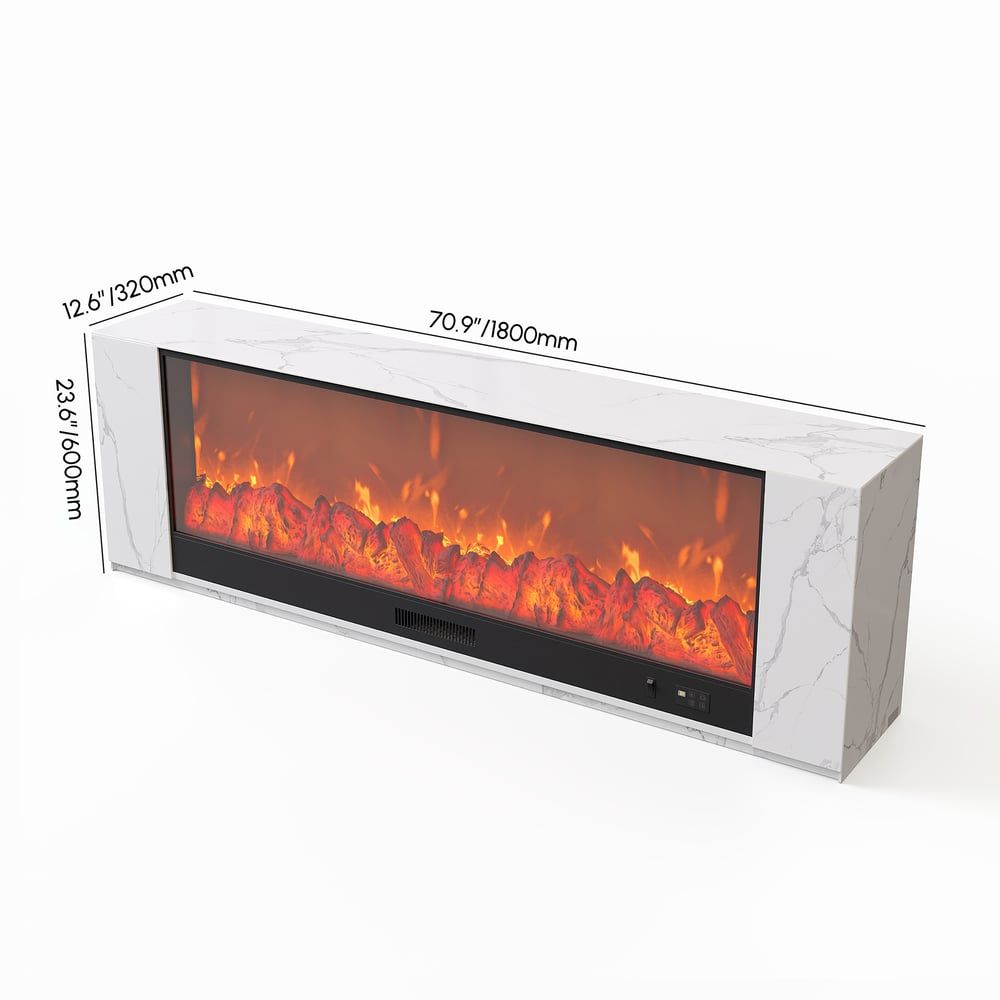 HMR Electric Fireplace TV Stand with Remote Control - White, Sintered Stone, 70.9"W×12.6"D×23.6"H