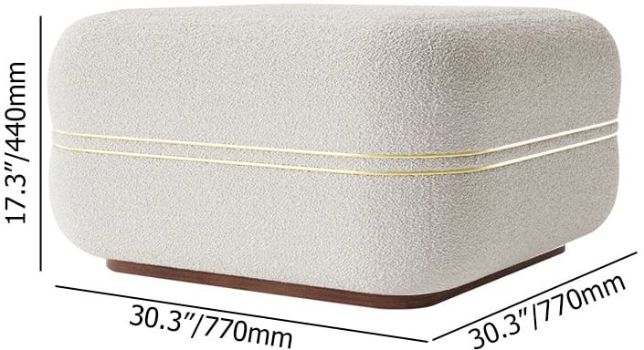 HMR - 30.3" White Boucle Coffee Table Ottoman with Gold Rim Square Ottoman Pouf Foot Stool