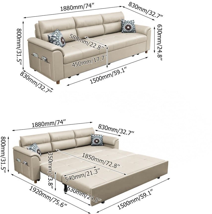 HMR Queen 2-Seater Sleeper Sofa - Beige, Leath-aire