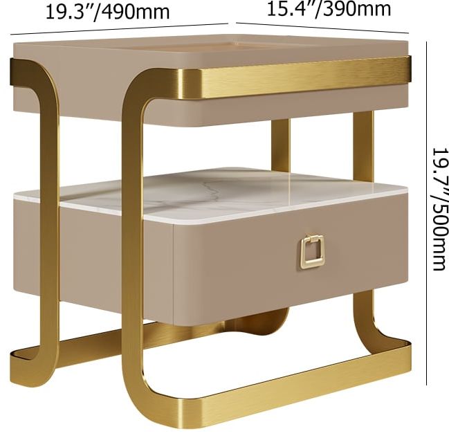 HMR - Modern Tempered Glass Nightstand with Sintered Stone Shelf Bedside Table with Drawer