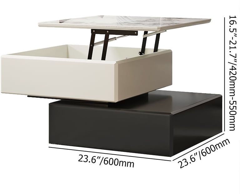HMR - Modern Black & Khaki Lift Top Small Square Sintered Stone Coffee Table with Storage