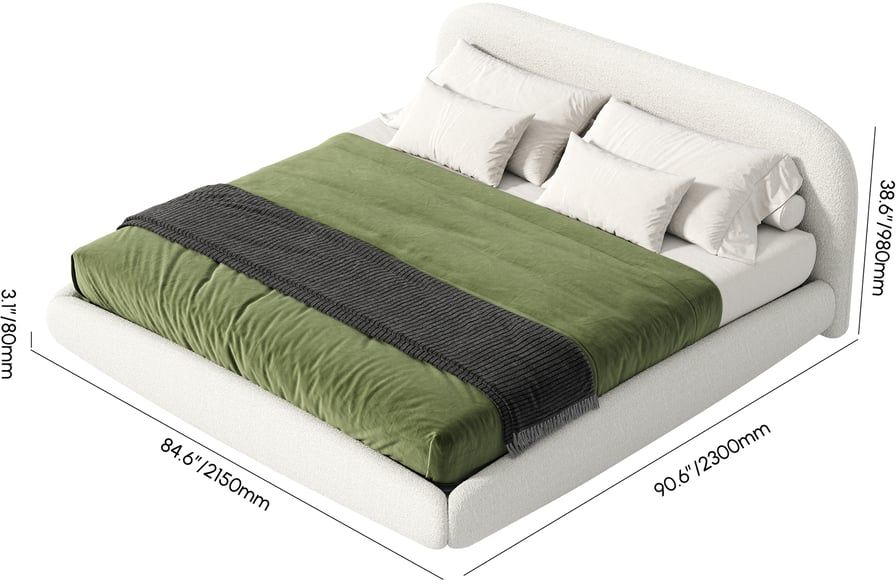 HMR - King Size Boucle Upholstered Floating Bed Frame with Light