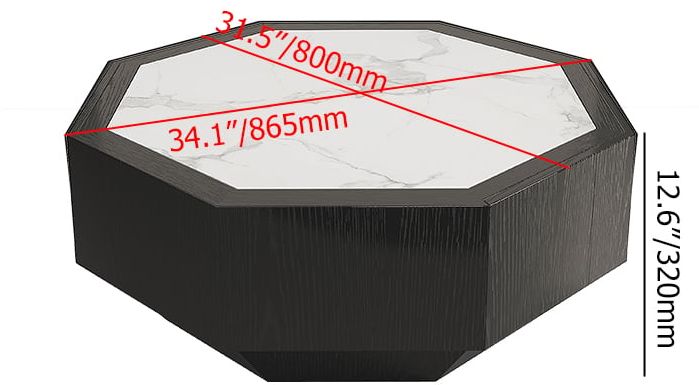 HMR - Wood Octagonal Coffee Table Rotating in Black with 2 Drawers Sintered Stone Top