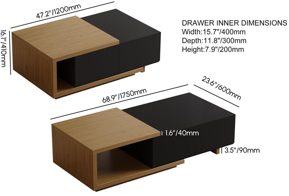 HMR Quoint Extendable TV Stand & Coffee Table Set - Black & Walnut, 1790mm-2550mm