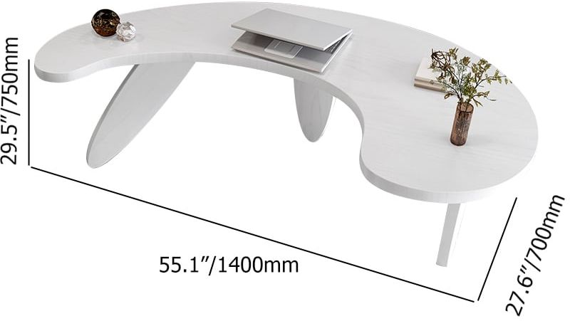 HMR - 55.1" Modern White Curved Desk Wooden Home Office Desk with 3 Oval Legs