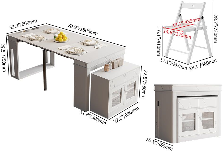 HMR Dining Set 70.9" Farmhouse Rectangle Folding Storage Dining Table With 4 Chairs - White